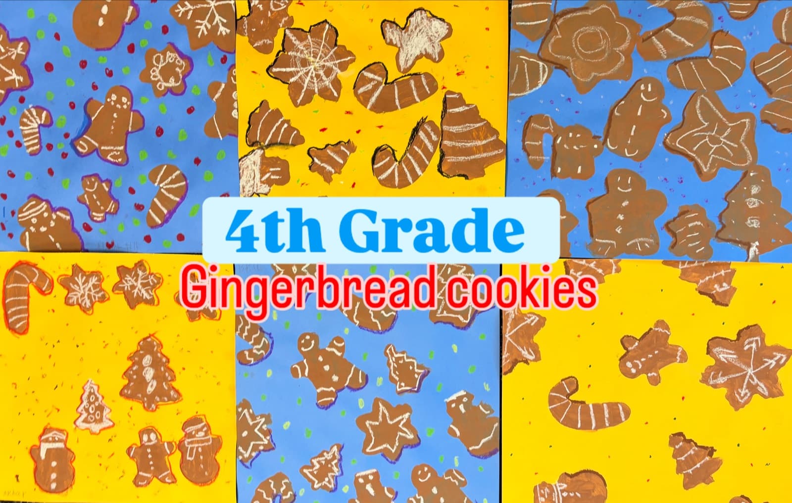 Fourth grade gingerbread cookie paintings on bright backgrounds