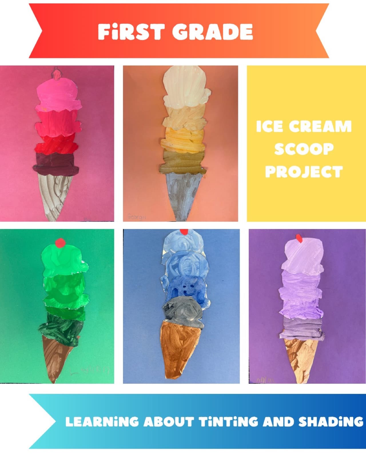 First grade ice cream scoop paintings exploring tinting and shading