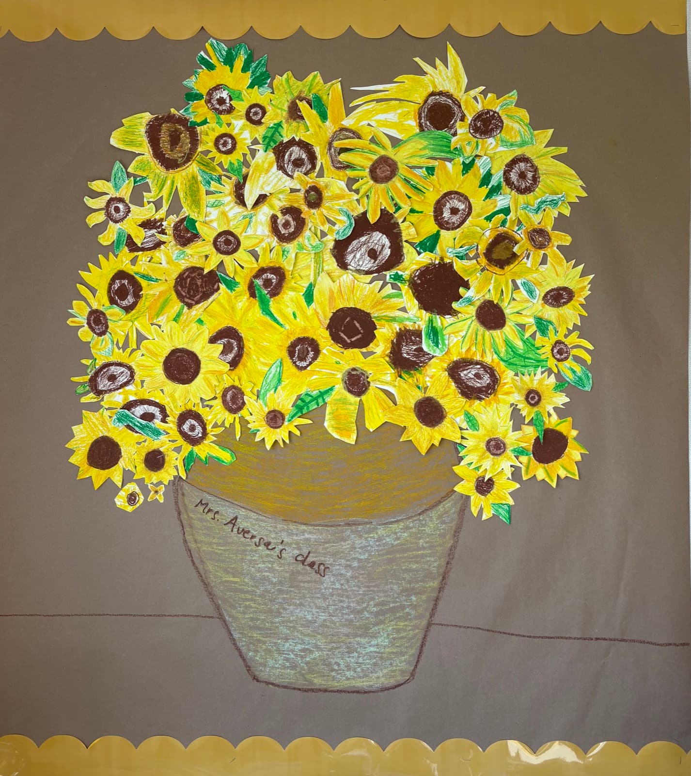 Third grade Van Gogh-inspired sunflower collage in a vase
