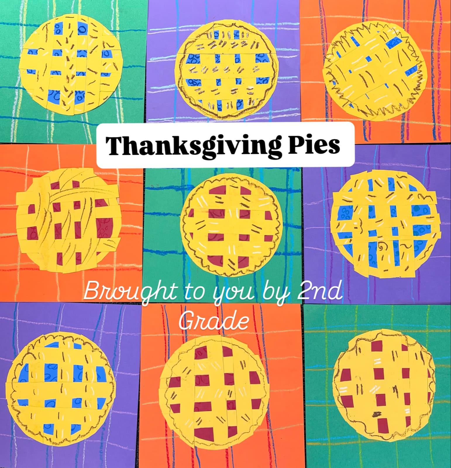 Second grade Thanksgiving pie collages with woven paper lattice tops