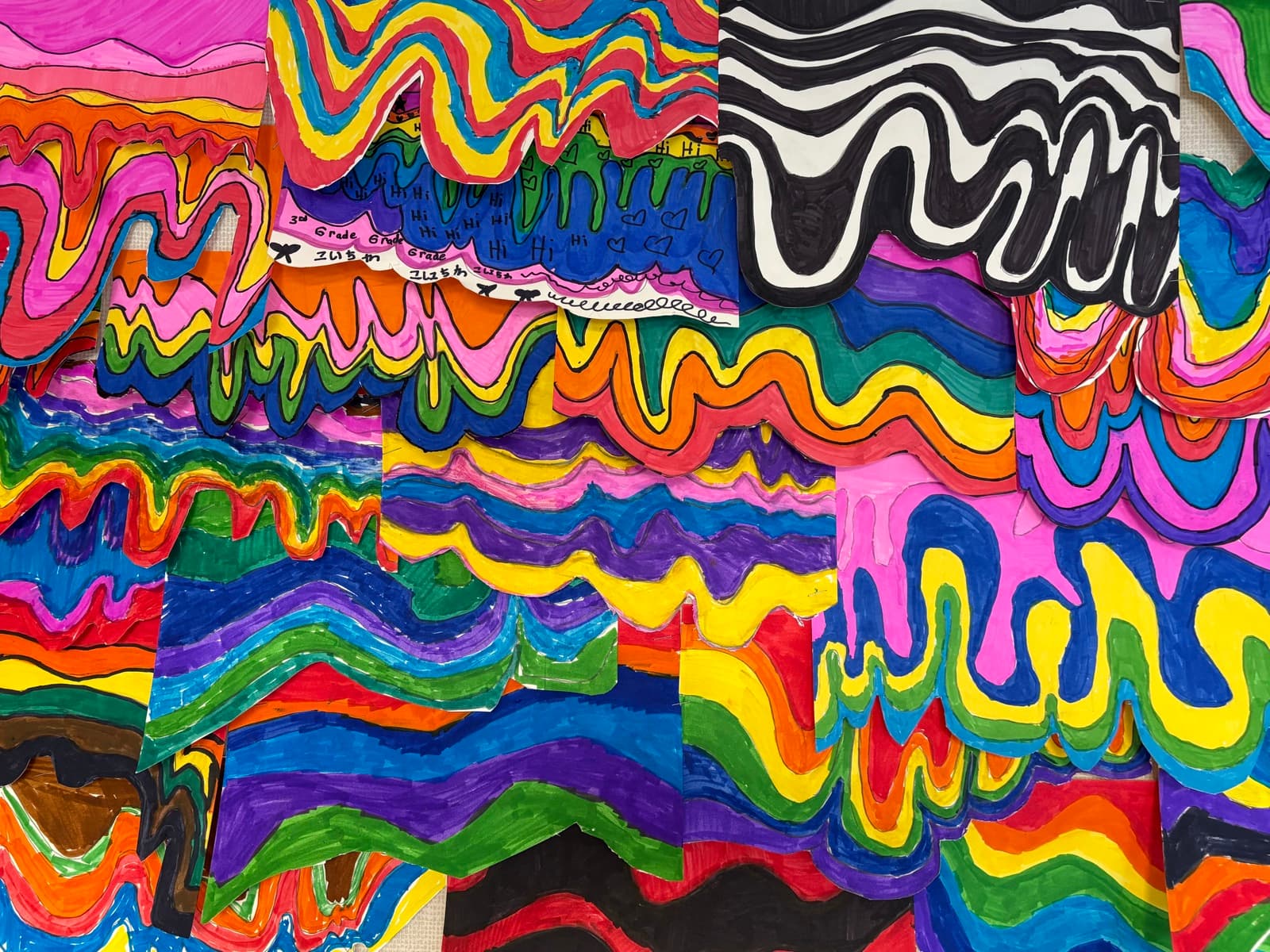 Third grade colorful op-art wavy line drawings