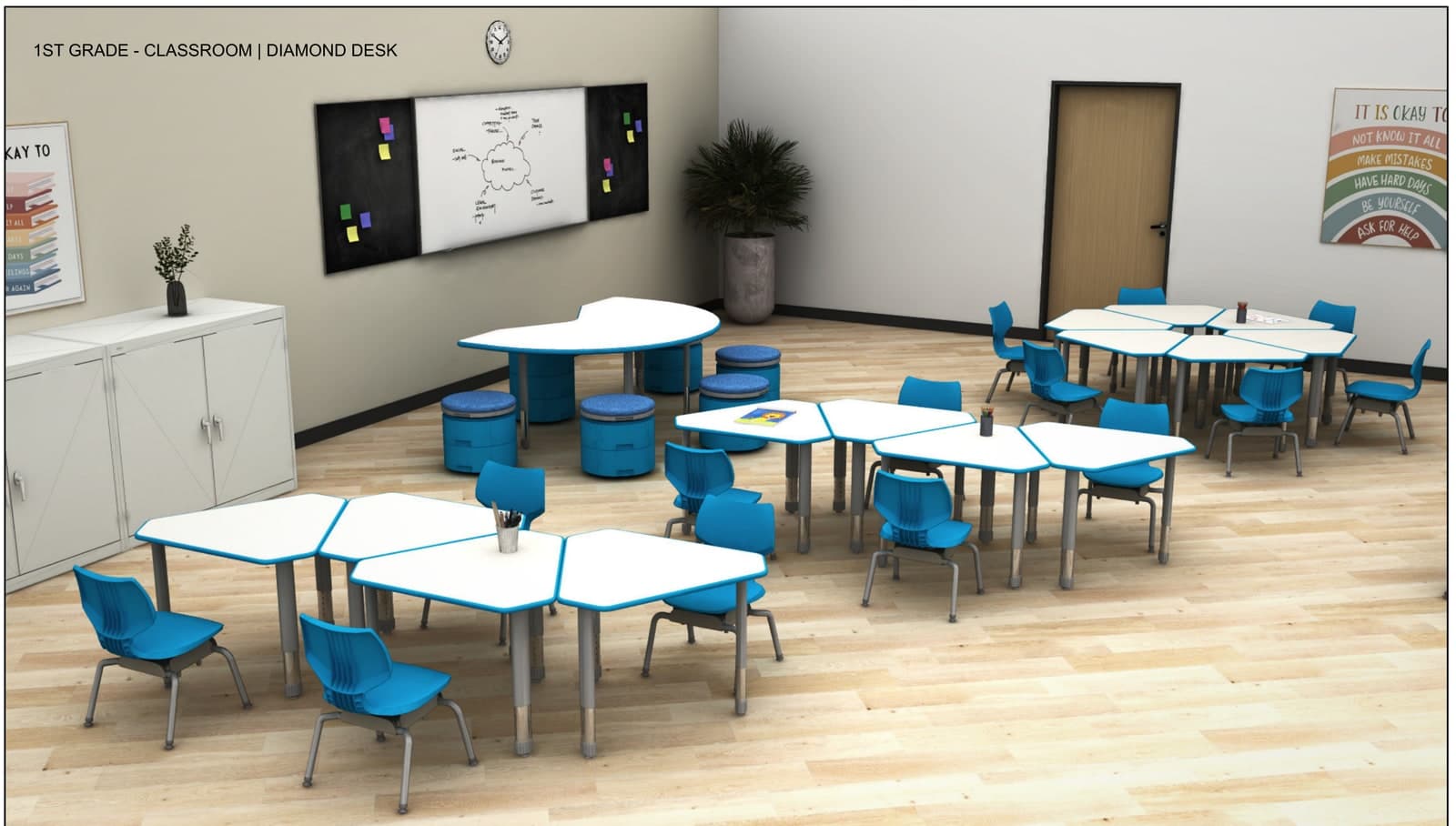3D rendering of an Eastbluff classroom with flexible diamond-desk seating and soft stools