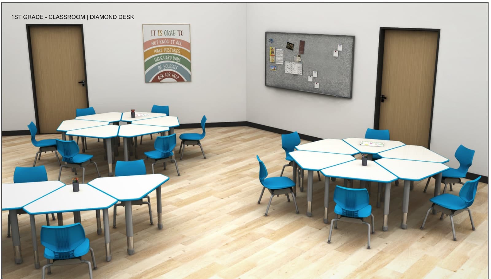 3D rendering of an Eastbluff classroom showing trapezoidal desks grouped into hexagon clusters