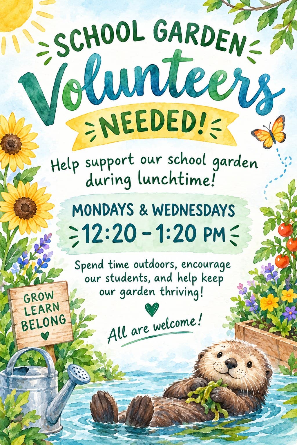 School Garden volunteers needed flyer — Mondays and Wednesdays, 12:20 to 1:20 PM during lunch, all are welcome
