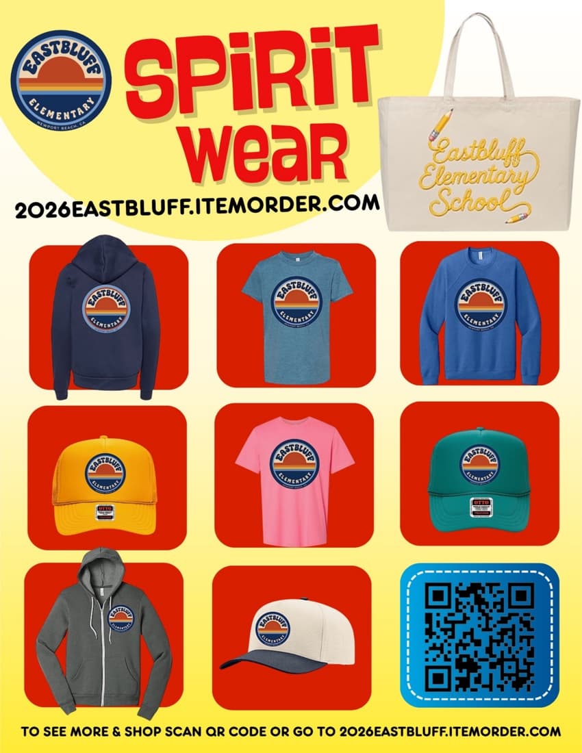 Eastbluff Spirit Wear flyer — tees, hoodies, hats, and totes